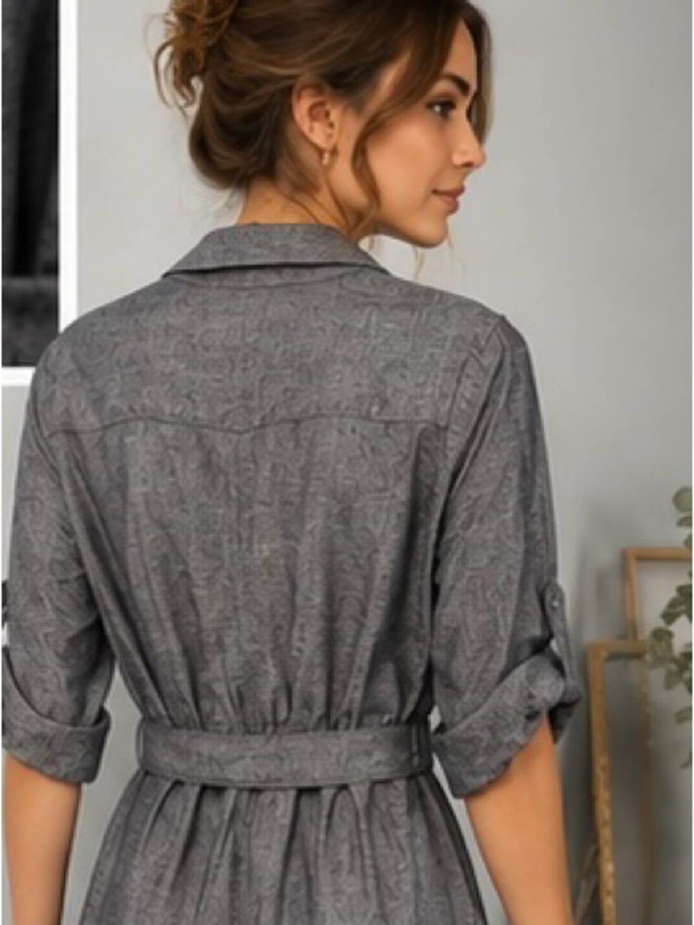 Max Studio Linen Blend Roll-Tab Belted Midi Shirt Dress | Gray | Size Small - Picture 2 of 10